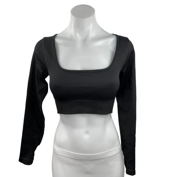 OQQ Tops - OQQ Women's Black Pullover Ribbed Knit Long Sleeve Square Neck Crop Top Size M